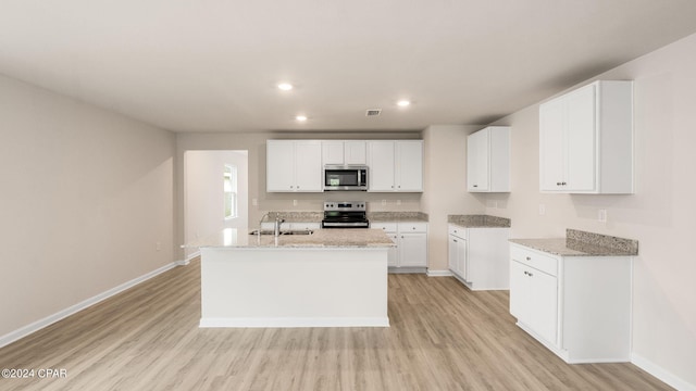 kitchen featuring light wood finished floors, white cabinets, appliances with stainless steel finishes, and baseboards