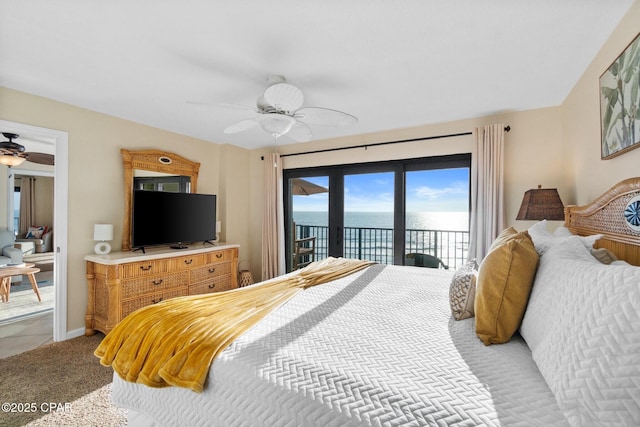 bedroom featuring light carpet, access to outside, ceiling fan, and baseboards