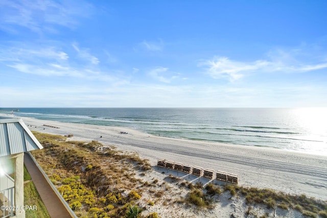 view of water feature with a beach view