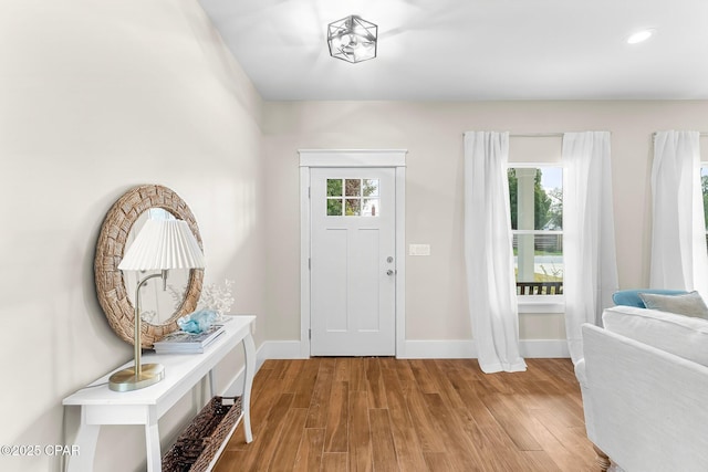 foyer featuring a wealth of natural light, baseboards, and wood finished floors