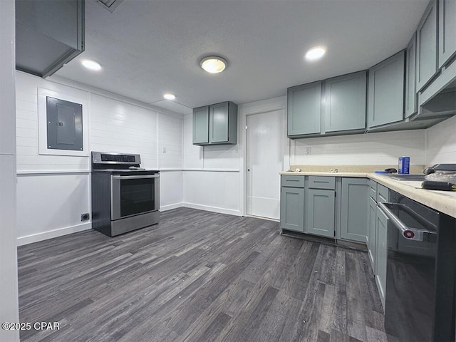 kitchen with electric panel, dishwasher, gray cabinetry, dark wood-type flooring, and stainless steel electric stove