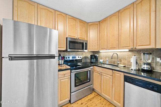 kitchen featuring a sink, stainless steel appliances, and light brown cabinets