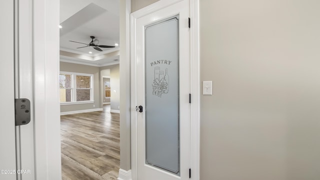 corridor with crown molding, light hardwood / wood-style floors, and a raised ceiling