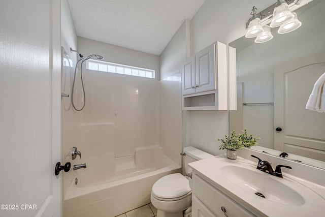 full bathroom with shower / bathtub combination, a textured ceiling, tile patterned flooring, toilet, and vanity