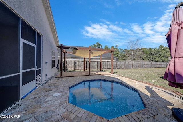 view of pool featuring a sunroom, a fenced backyard, and a patio