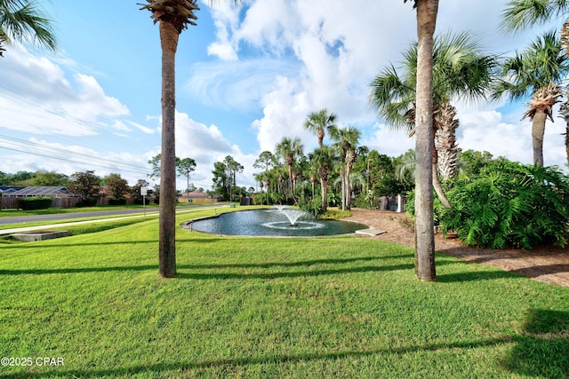 view of community with a water view and a lawn