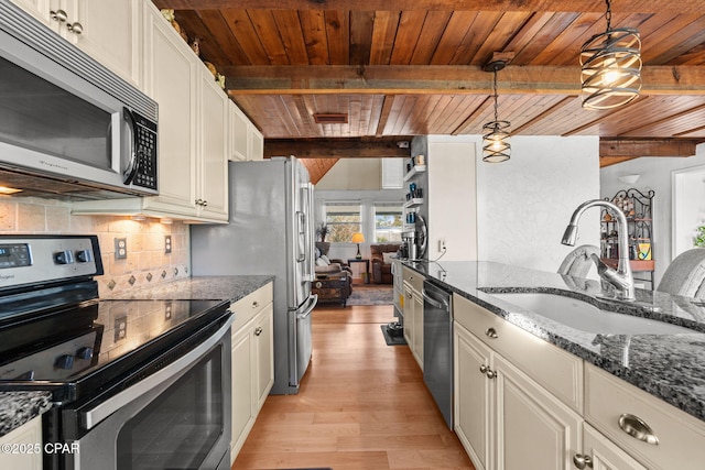 7331 Resota Ln, Southport, FL 32409 - kitchen featuring appliances with stainless steel finishes, wooden ceiling with exposed beams, a sink, light wood finished floors, and tasteful backsplash