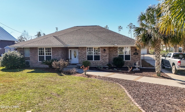 view of front of home featuring a front lawn, a shingled roof, and brick siding