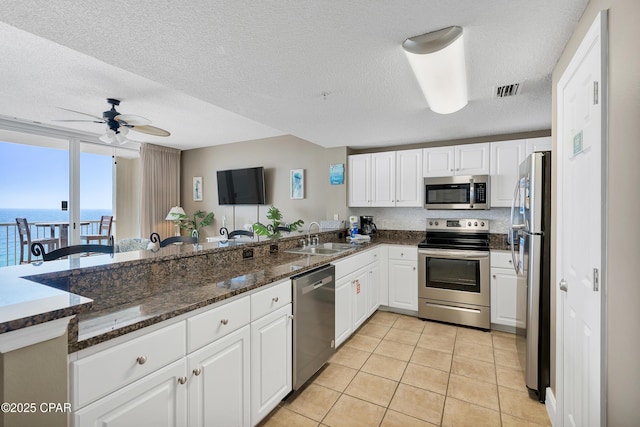 kitchen featuring a sink, stainless steel appliances, ceiling fan, and white cabinetry