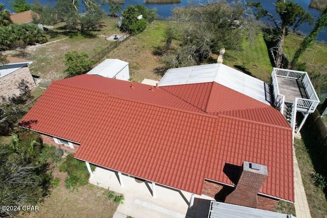 aerial view featuring a water view