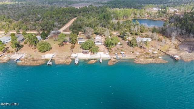 bird's eye view with a water view and a forest view