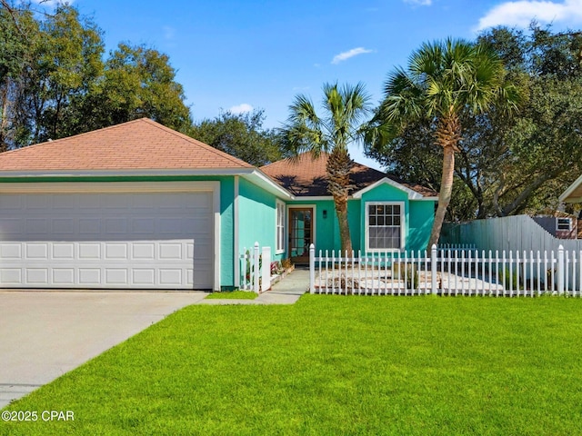 single story home with driveway, a front lawn, a fenced front yard, and an attached garage