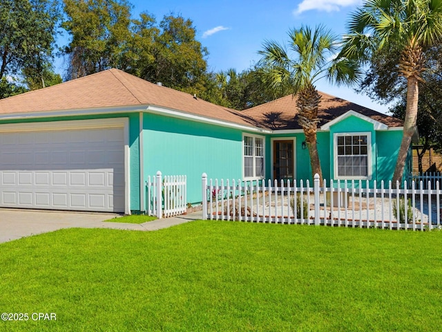 single story home featuring a garage, a front lawn, and a fenced front yard