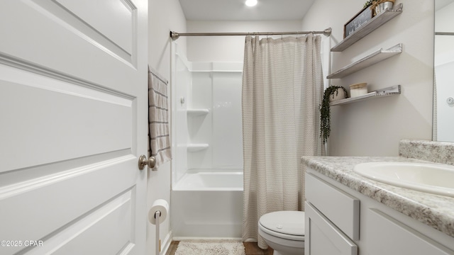 full bathroom with toilet, vanity, and shower / bathtub combination with curtain