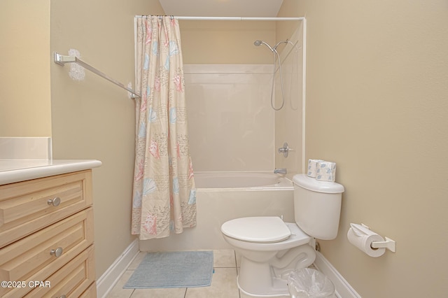 bathroom with shower / bath combo, baseboards, toilet, tile patterned flooring, and vanity