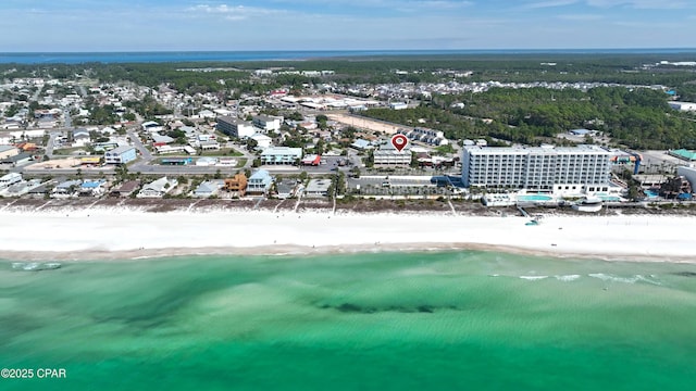 aerial view featuring a water view and a beach view