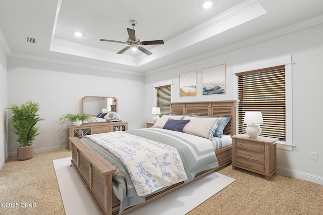 196 Martingale Loop, Lynn Haven, FL 32444 - bedroom featuring ornamental molding, light carpet, a raised ceiling, baseboards, and ceiling fan