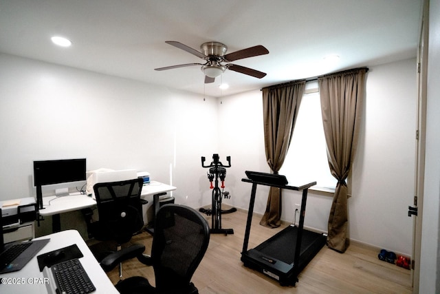 office area featuring recessed lighting, ceiling fan, and light wood-style flooring