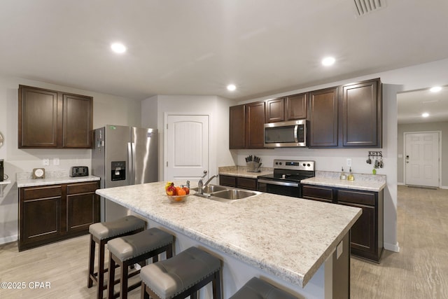 kitchen featuring a breakfast bar, dark brown cabinets, visible vents, stainless steel appliances, and a sink