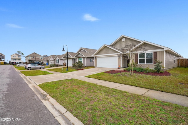 single story home with a garage, concrete driveway, a residential view, board and batten siding, and a front yard