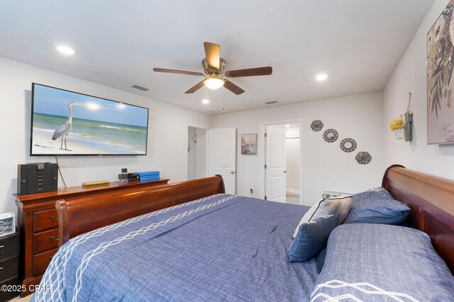 bedroom with ceiling fan, visible vents, and recessed lighting
