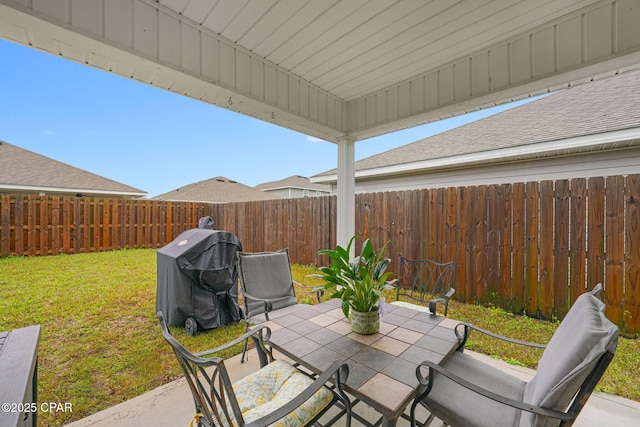 view of patio with a fenced backyard and area for grilling