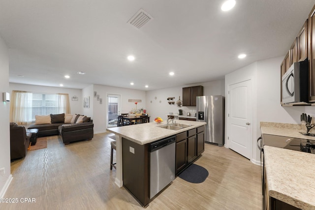 kitchen with an island with sink, visible vents, a sink, stainless steel appliances, and light wood finished floors
