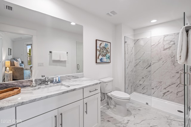 ensuite bathroom featuring marble finish floor, a marble finish shower, visible vents, toilet, and vanity