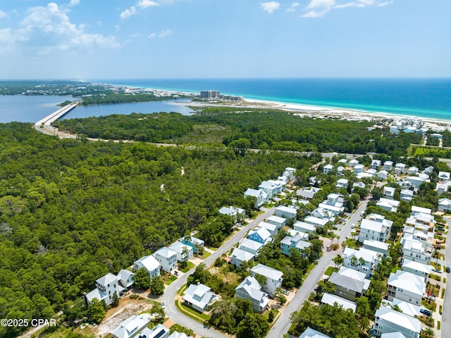 birds eye view of property with a water view and a forest view