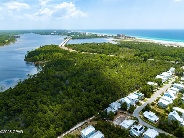 drone / aerial view with a water view and a wooded view