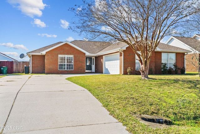 ranch-style home featuring driveway, an attached garage, fence, and a front yard