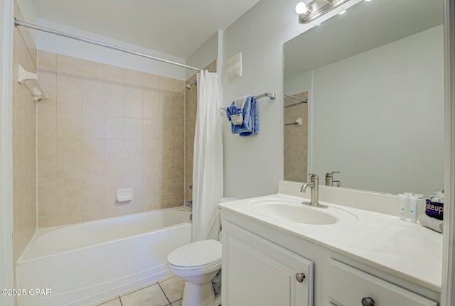 full bathroom with tile patterned floors, shower / bath combination with curtain, toilet, and vanity