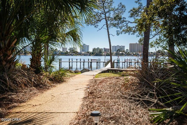 dock area featuring a water view and a view of city