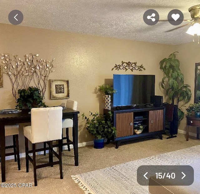 living room featuring carpet, ceiling fan, a textured ceiling, and baseboards