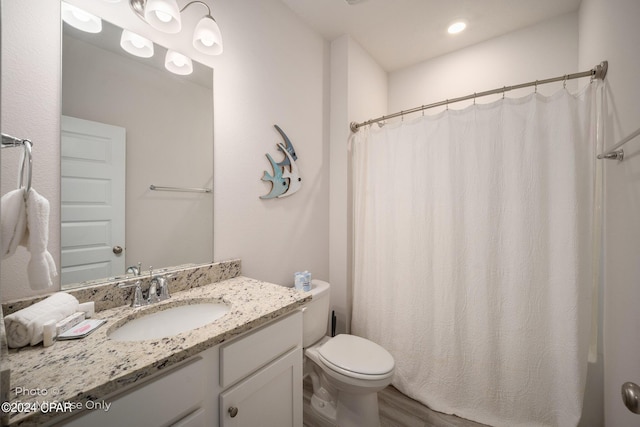 full bathroom featuring toilet, a shower with curtain, and vanity