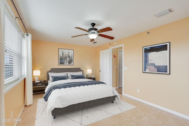 8730 Thomas Dr Unit 1201-B, Panama City Beach, FL 32408 - bedroom featuring visible vents, ceiling fan, and baseboards
