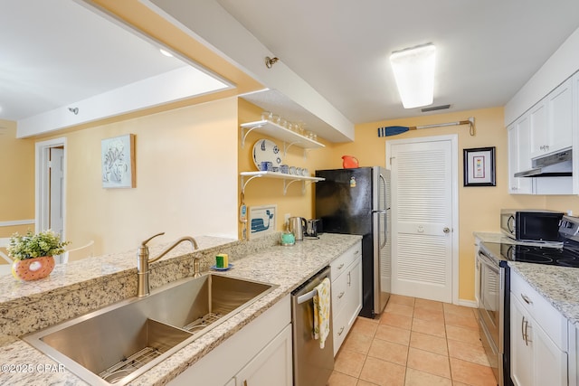 8730 Thomas Dr Unit 1201-B, Panama City Beach, FL 32408 - kitchen with visible vents, a sink, under cabinet range hood, appliances with stainless steel finishes, and white cabinetry