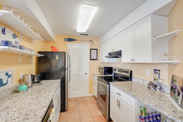 8730 Thomas Dr Unit 1201-B, Panama City Beach, FL 32408 - kitchen featuring visible vents, open shelves, under cabinet range hood, appliances with stainless steel finishes, and white cabinets