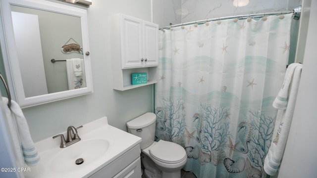 full bathroom featuring toilet, a shower with curtain, and vanity