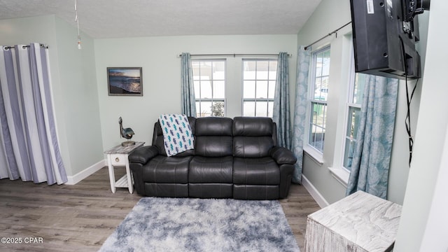 living area featuring a textured ceiling, baseboards, and wood finished floors