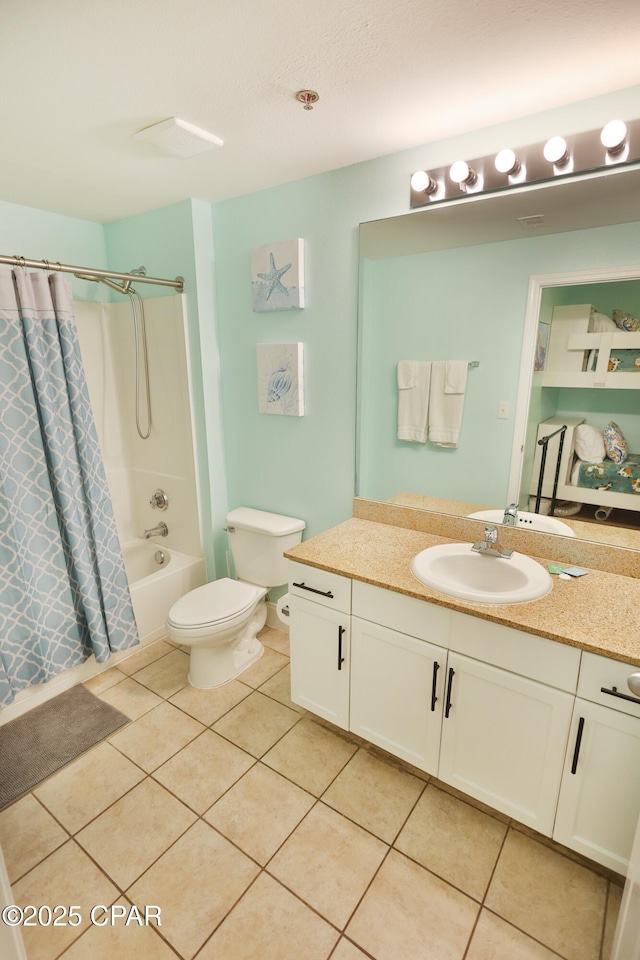 full bath featuring toilet, shower / bath combination with curtain, vanity, and tile patterned flooring