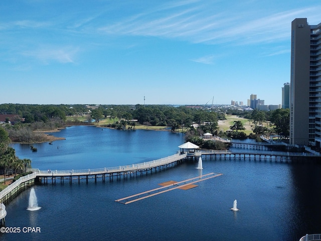 view of water feature featuring a pier and a view of city