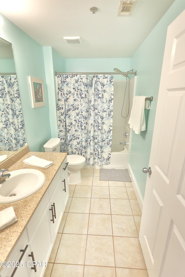 full bath with tile patterned flooring, visible vents, toilet, and vanity