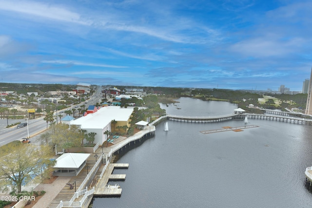 drone / aerial view with a water view
