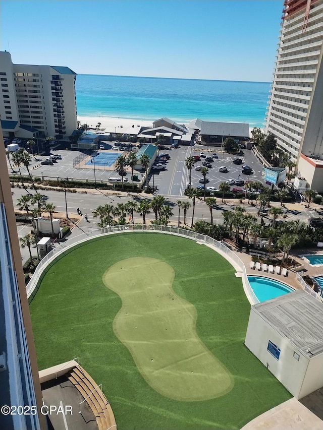 birds eye view of property featuring a water view