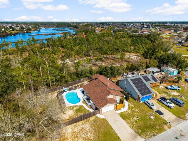 drone / aerial view featuring a water view