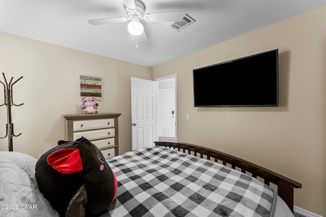 bedroom with ceiling fan and visible vents