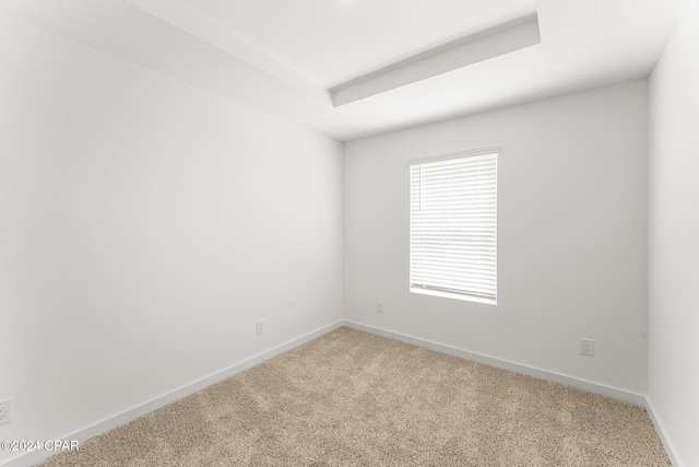 unfurnished room with light carpet, a tray ceiling, and baseboards