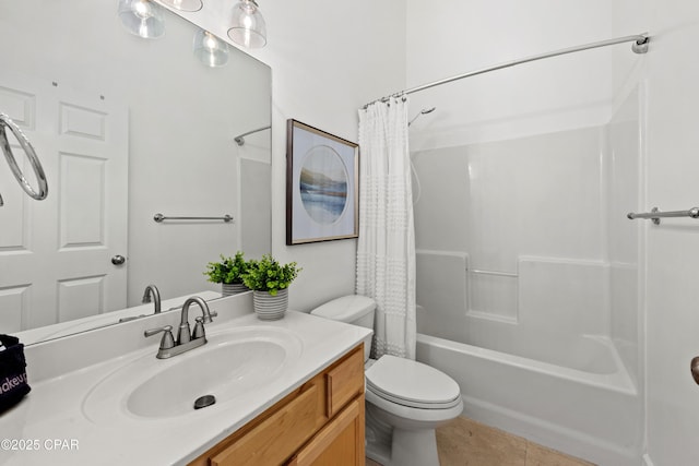 full bathroom featuring vanity, tile patterned flooring, shower / bath combination with curtain, and toilet