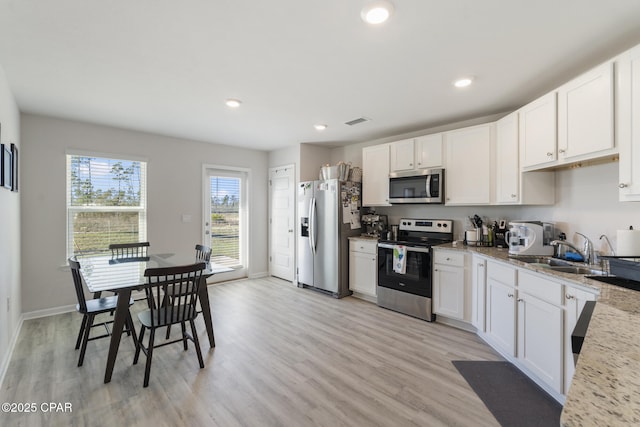 kitchen with stainless steel appliances, a sink, visible vents, white cabinetry, and light wood finished floors